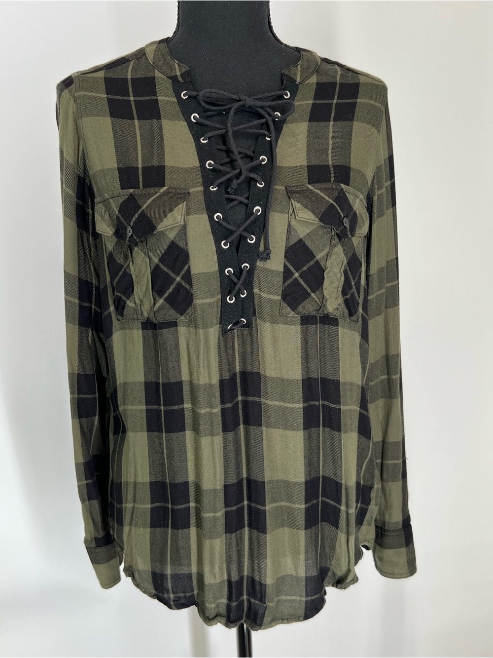 Express Olive and Black Plaid Lace-Up Button Down Top